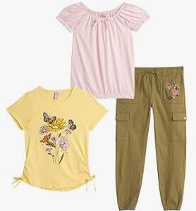 g-c-Girls' Pants Set - 3 Piece Cute T-Shirt and Embroidered Cargo Jogger Pants